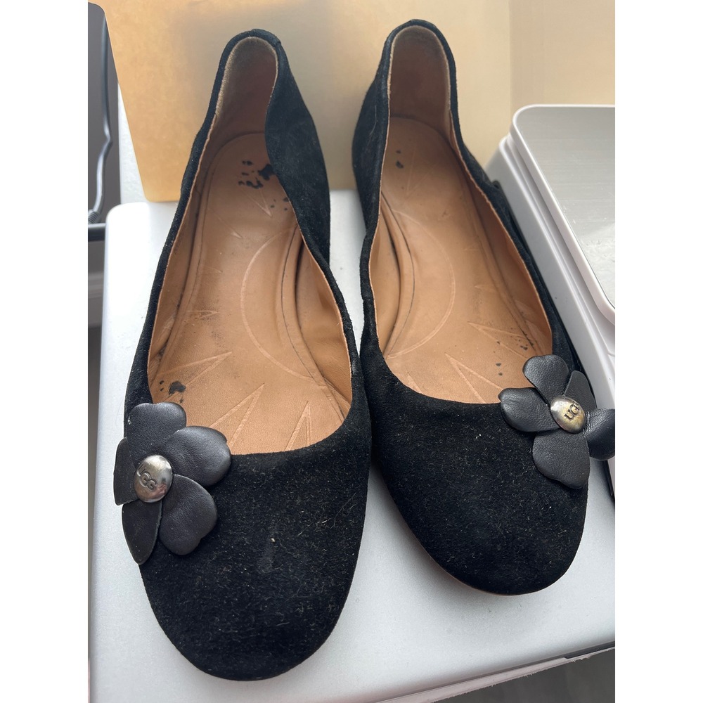 UGG Thea Poppy Black Suede Flower Ballet Flats Shoes 1092585 Womens 7